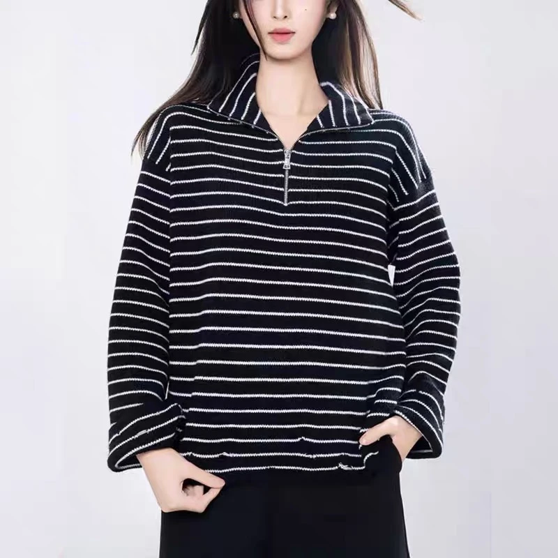 【商场同款】半拉链针织衫2025新款时尚百搭条纹宽松毛衣女538088