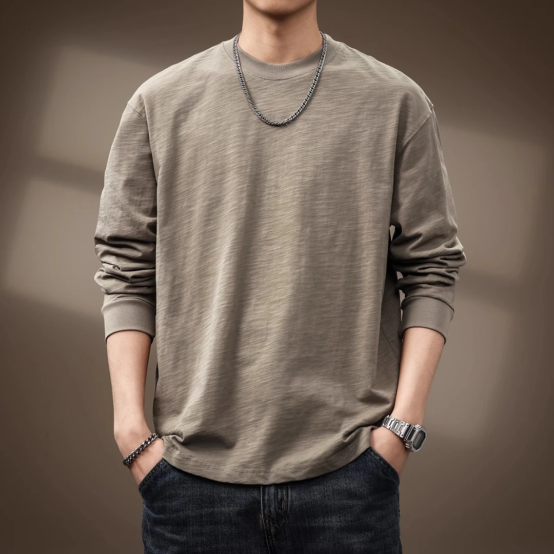 Cebrodz高端日系复古竹节棉长袖T恤男夏新款简约宽松亲肤打底体恤