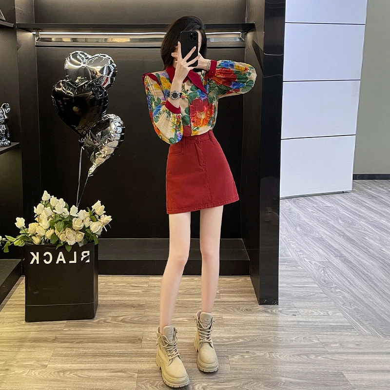 长袖宽松显瘦油画碎花衬衫女港风复古2025春秋季气质半身裙两件套