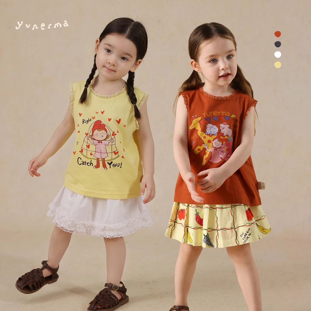 允儿妈女童2025夏季新款可爱插画蕾丝背心宝宝纯棉马甲儿童上衣潮