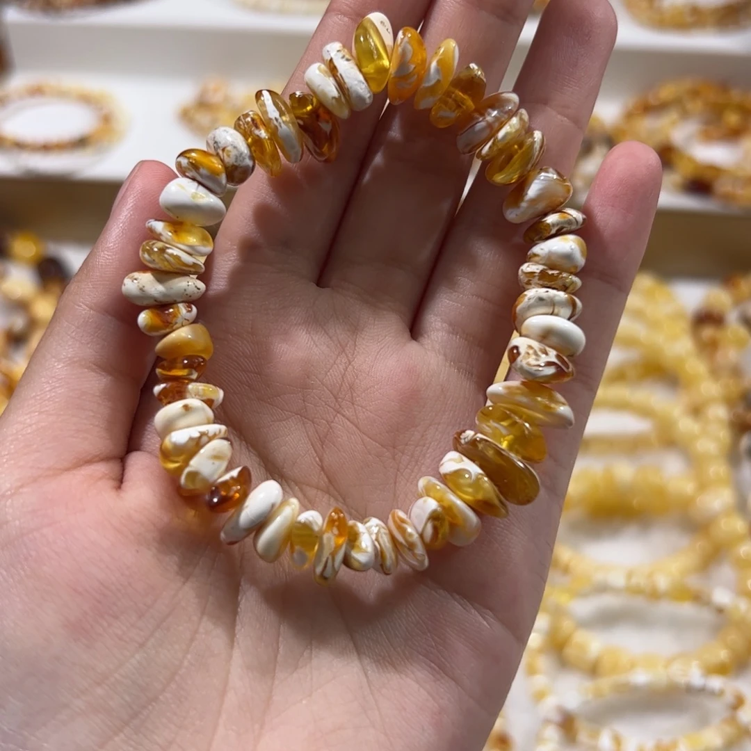 琥珀未镶嵌珠宝奇石橘沁瓷白妖花随型手串