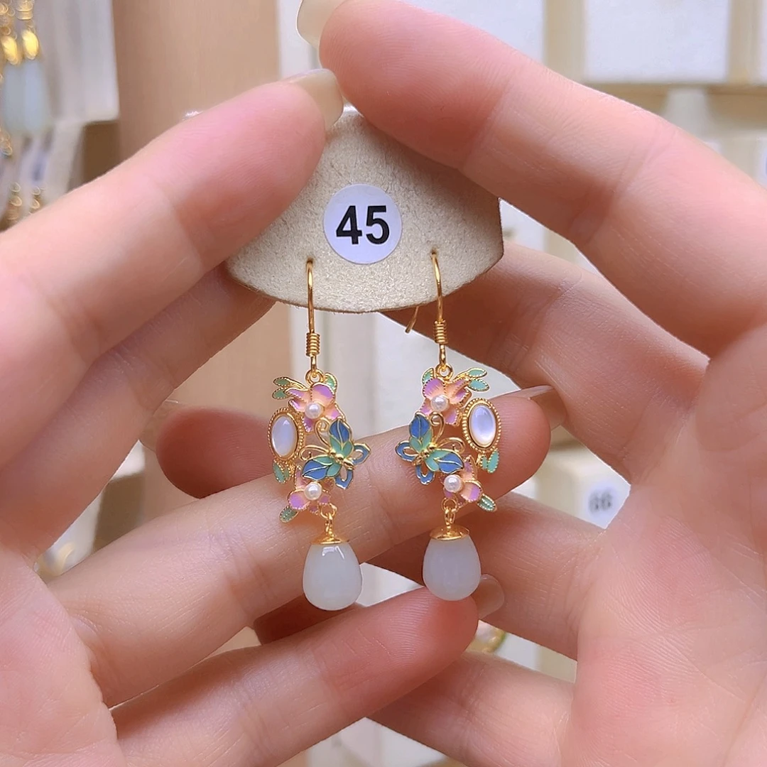 和田玉银S925镀金镶嵌耳饰