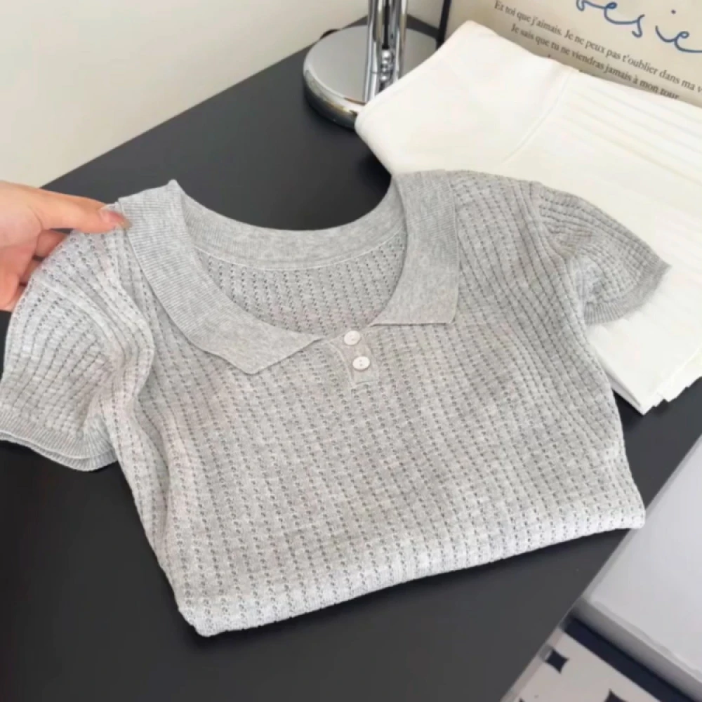 韩系灰色Polo领针织飞飞袖短袖t恤女夏季小个子短款翻领显瘦上衣