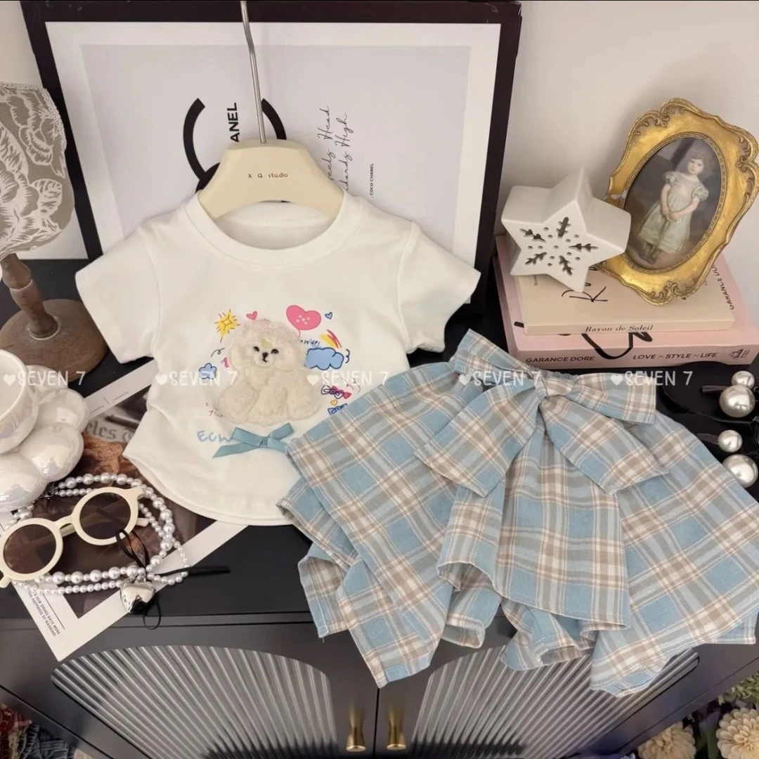 女童夏季新款甜美洋气卡通小狗短袖韩版不规则格子裙裤两件套潮款