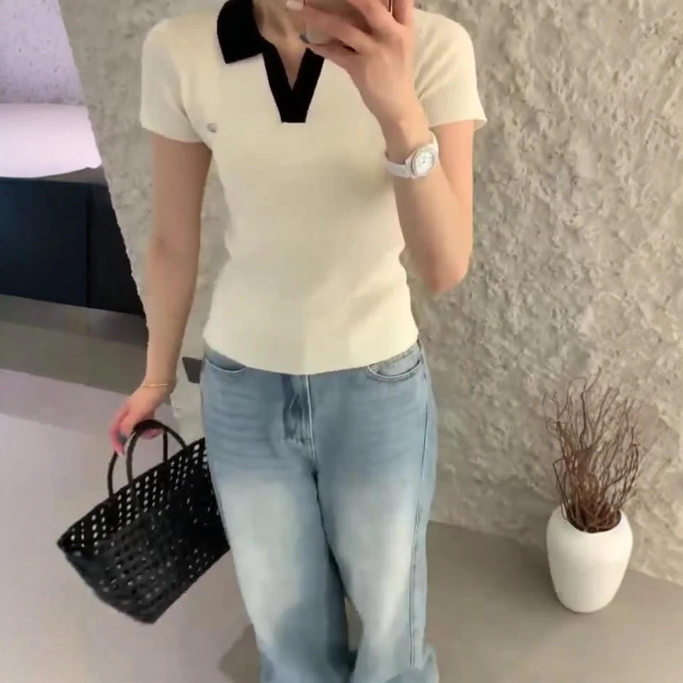 韩系Polo领天丝撞色正肩显瘦针织短袖T恤女夏季时尚气质百搭上衣