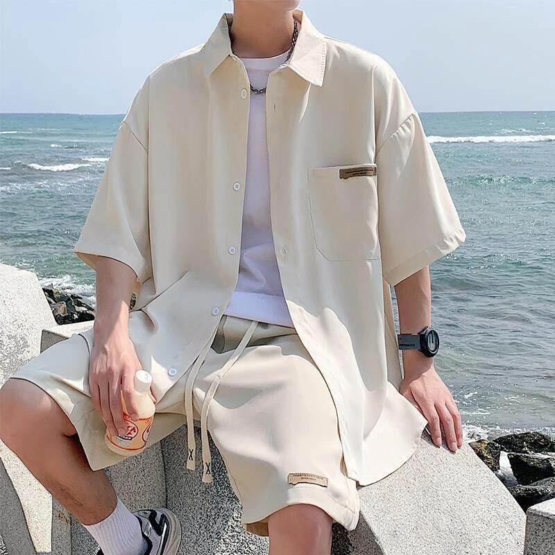 白色冰丝衬衫短袖短裤套装男夏季潮牌薄款速干垂感工装休闲两件套