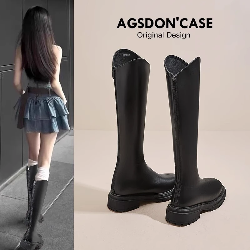 奥古狮登长筒靴女2025新款秋季厚底v口增高马丁靴英伦风骑士靴子