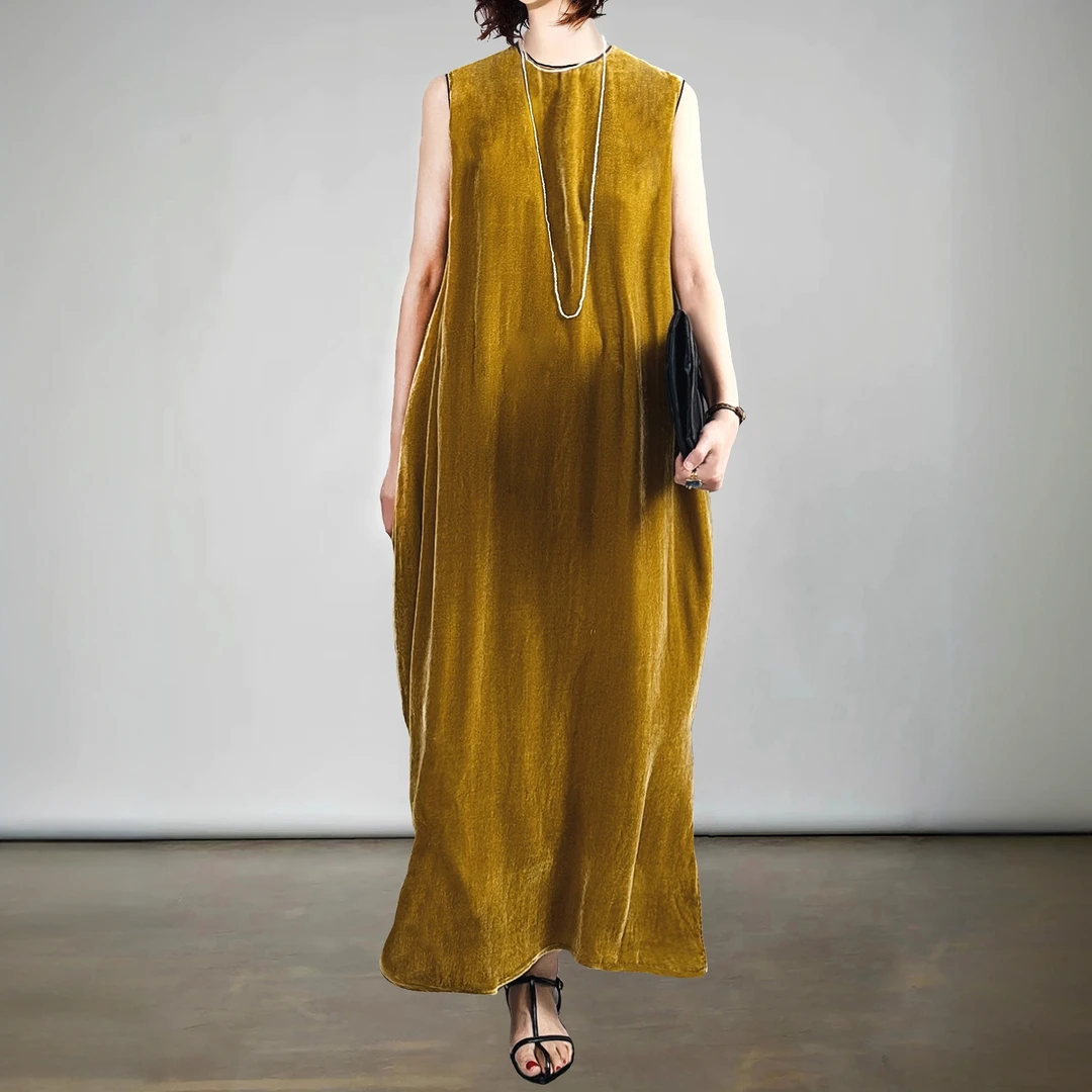 2025早秋新款桑蚕丝丝绒无袖连衣裙圆领宽松中式改良旗袍气质长裙