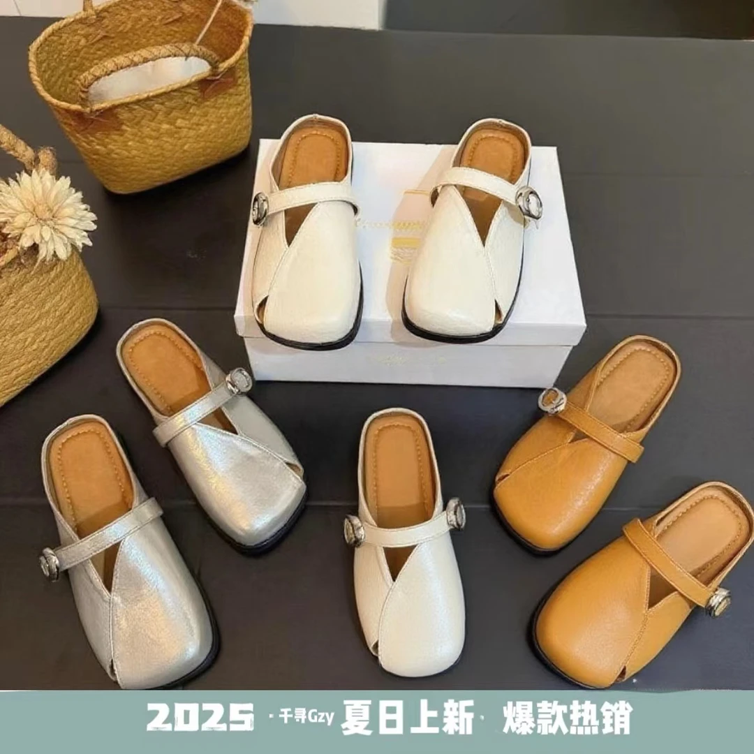2025夏季法式新款超火简约复古女镂空软底方头超舒适透气包头拖鞋