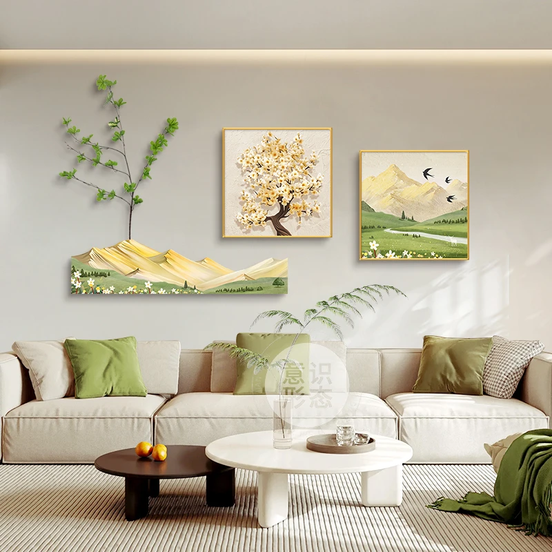 奶油风客厅装饰画日照金山沙发背景墙挂画现代简约发财树组合壁画