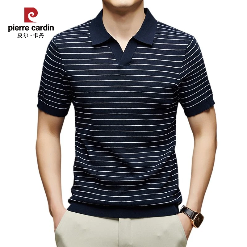 皮尔卡丹【进口16针天丝】夏季条纹时尚可机洗V领针织POLO衫短