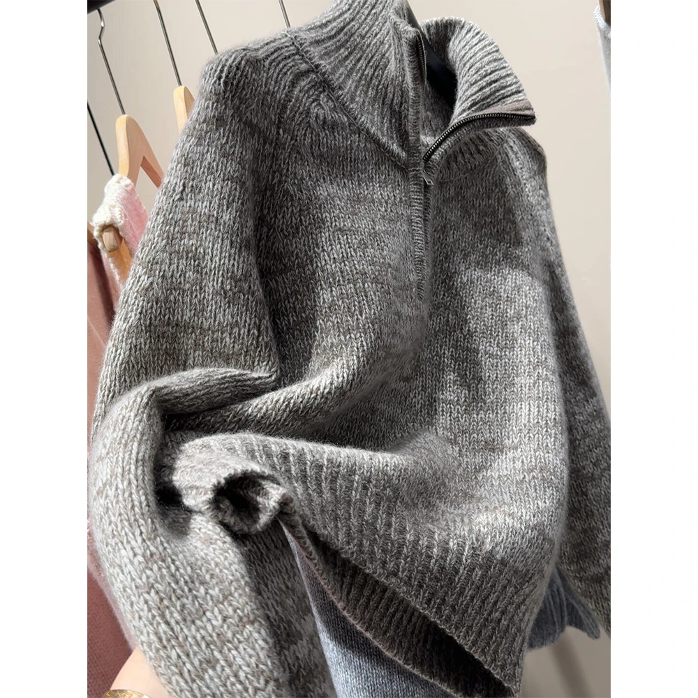 巨厚实暖和这件！欧货高领灰色软糯厚实针织衫女半拉链毛衣外套冬