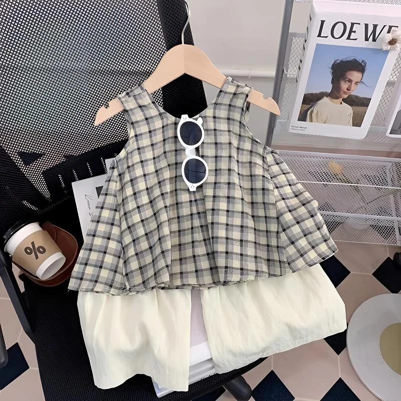 女童夏季套装韩系儿童时髦格子背心上衣宽松薄款白色阔腿裤两件套