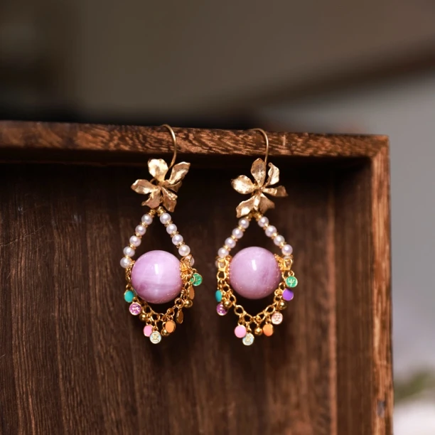 松梢月·银镶紫锂辉圆珠耳坠SY古风古风美丽星辰国潮优雅耳坠古风