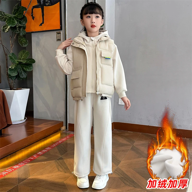 女童冬季卫衣套装新款宽松加绒中大童时尚洋气运动阔腿少女连帽款