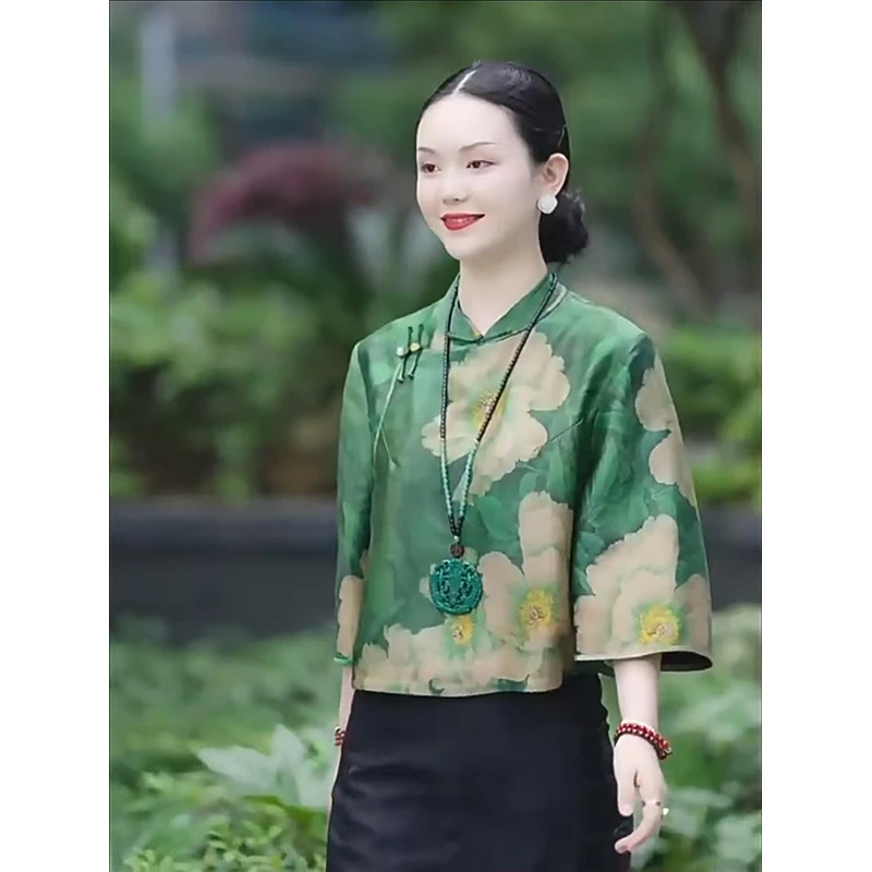 中式国风牡丹花仿香云纱上衣2025夏秋高端印花仿真丝桑蚕丝衬衫女