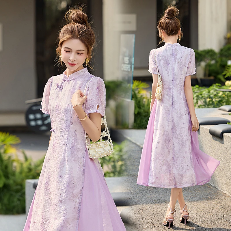 短袖长旗袍短旗袍提花旗袍2025夏装女裙子收腰中长款气质显瘦时尚