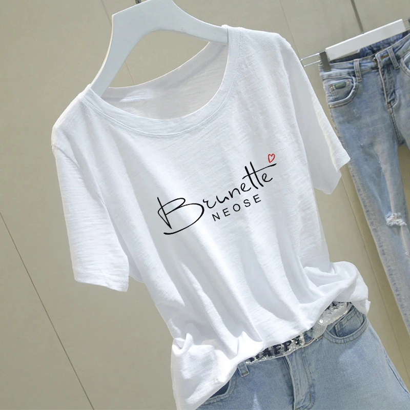 竹节棉宽松纯棉圆领短袖t恤女士夏季印花时尚洋气显瘦韩版女装潮