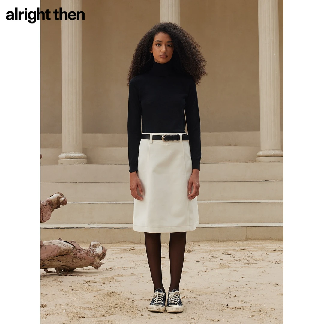 alright then黑/西瓜红 全羊毛纯色微宽松打底衫长袖高领针织衫