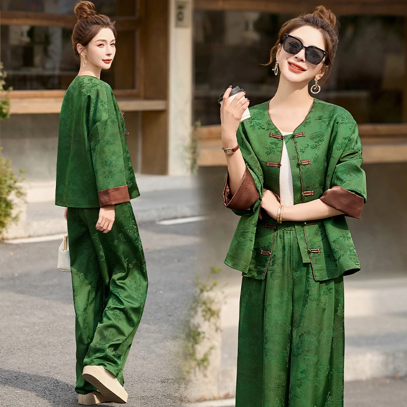 新中式国风两件套装2025春秋款阔太太时髦女装盘扣中式国风女装
