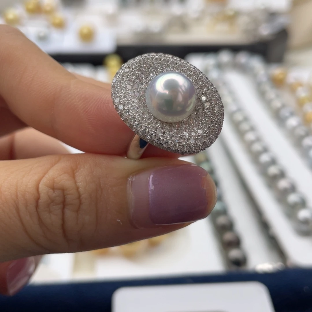 海水珍珠未镶嵌耳饰极光镜面宝石光澳白精品戒指