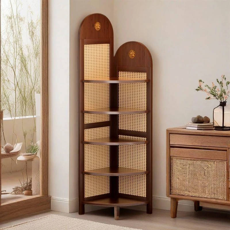 中复古式藤编转角装饰置物架客厅沙发墙边书柜子卧室实木三拐屏风