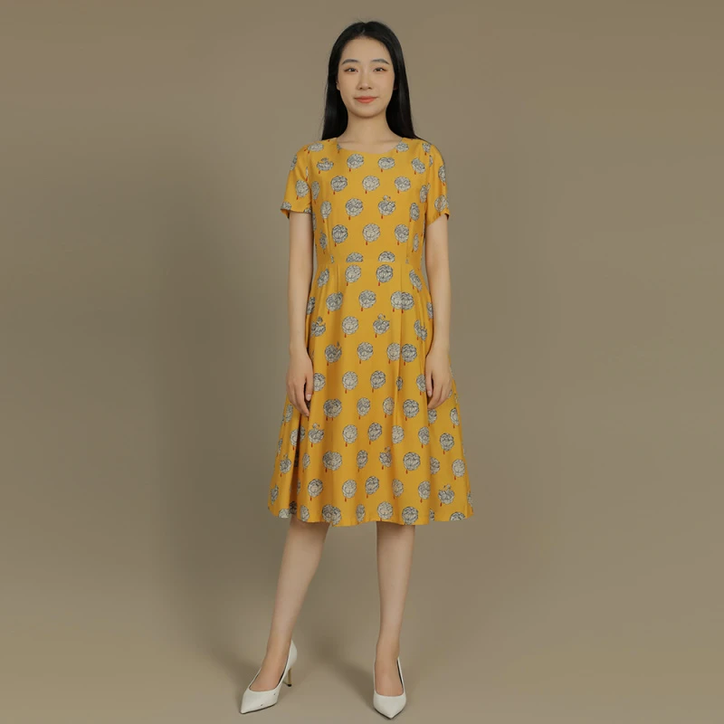 菲姿FEIZI夏季黄底印花连衣裙9B468柔光黄底