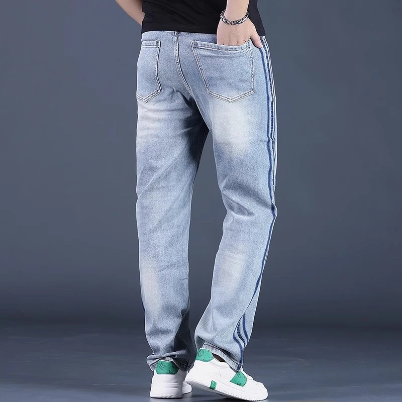 Cebrodz2025夏季新款侧条纹阔腿牛仔裤男美式高街宽松直筒裤潮牌