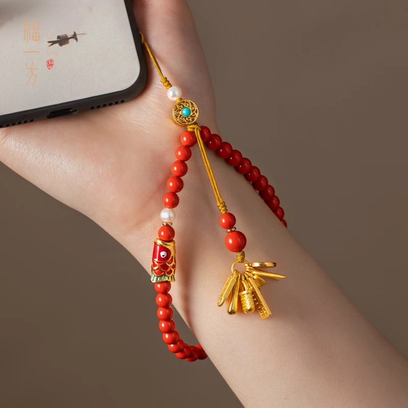 天然辰砂福一方锦鲤多宝手机链挂件本命年礼物新款手腕手机链