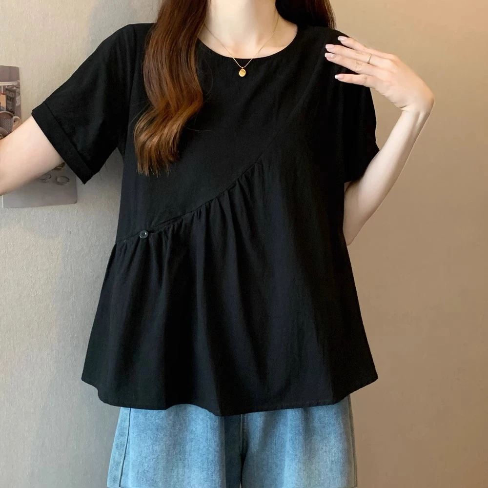 夏季新款大码女装慵懒风短袖t恤女遮肚子宽松显瘦高级感衬衫上衣