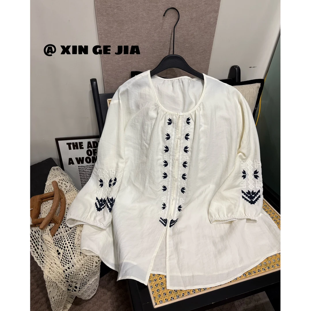「欣哥」微胖大码 夏日“刺绣”中袖 圆领衬衫