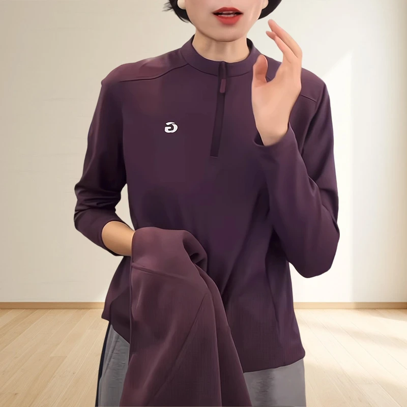 高档洋气时尚女装紫色立领长袖休闲女T恤宽松百搭秋冬内搭打底衫