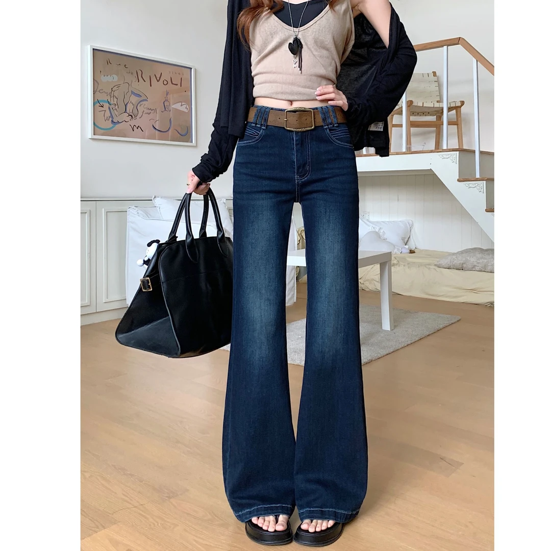 秋冬新款设计感显瘦微喇裤2025阔腿裤女美式高街时髦深蓝牛仔裤女