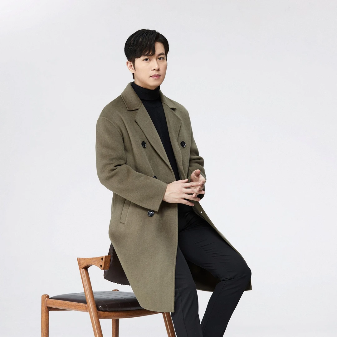 秋冬双面羊毛大衣男西装领中长款双排扣落肩宽松呢子气质优雅外套