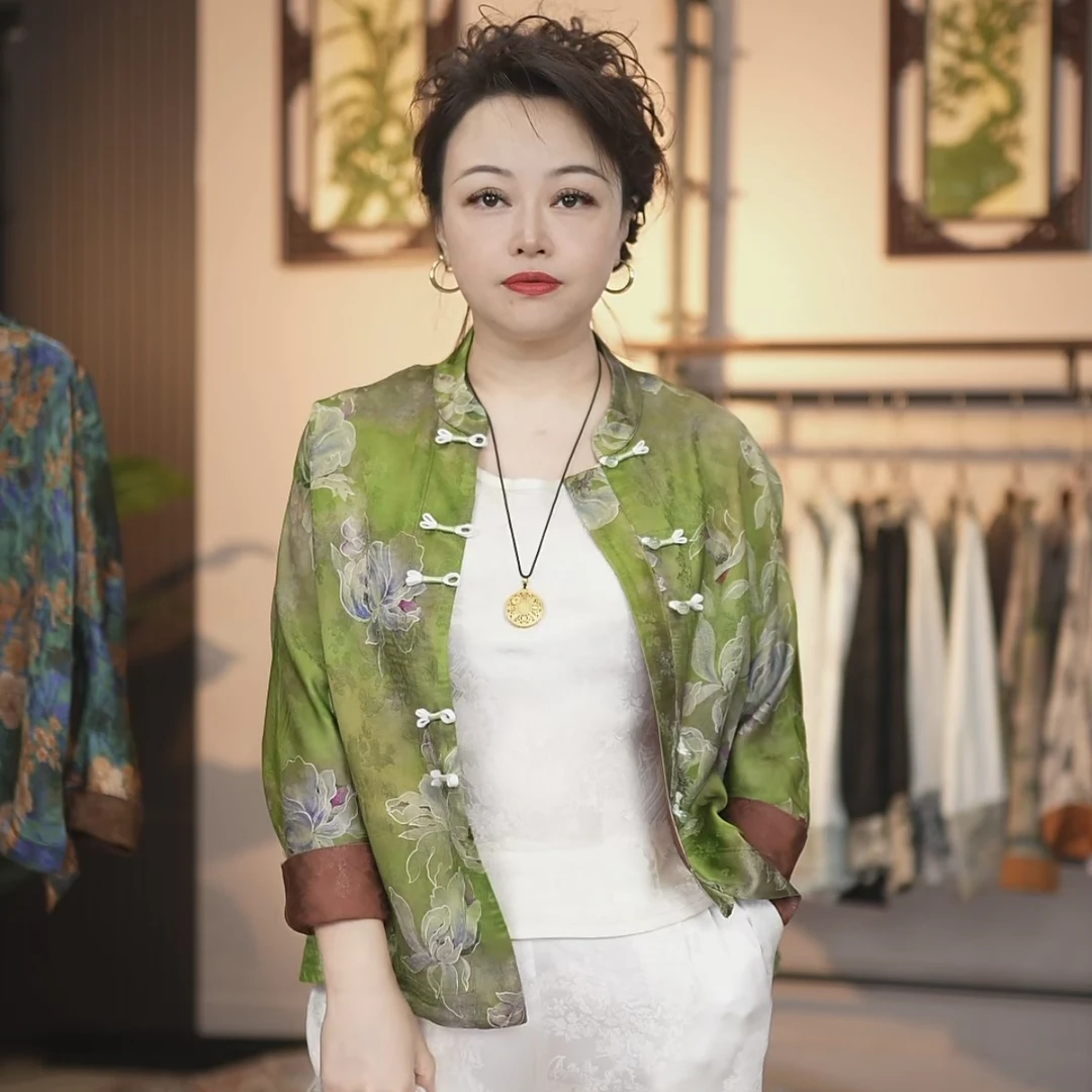 【碧夏】新中式国风直襟长袖短款小立领印染上衣薄款中式外套女