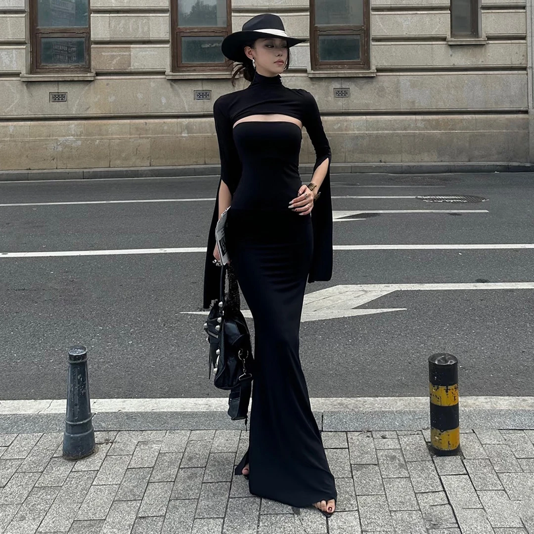 Malou 摩登时尚御姐修身性感开叉连衣裙女 披肩袖套套装K25S80567