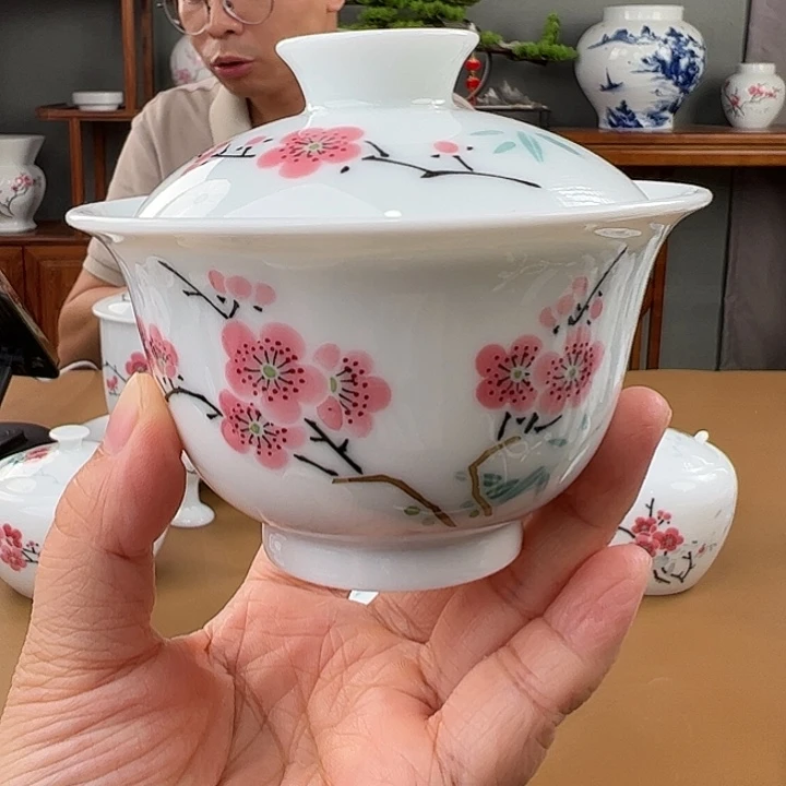 玉泥翠竹红梅两才盖碗
