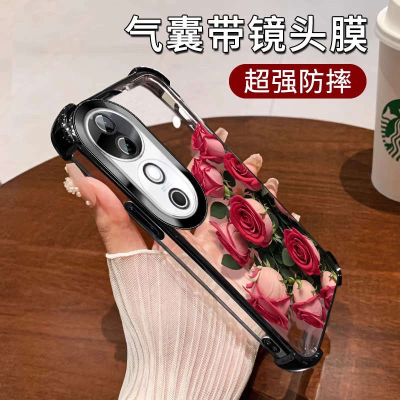 适用vivos19手机壳透明防摔s19pro硅胶自带镜头膜红色花朵中国风