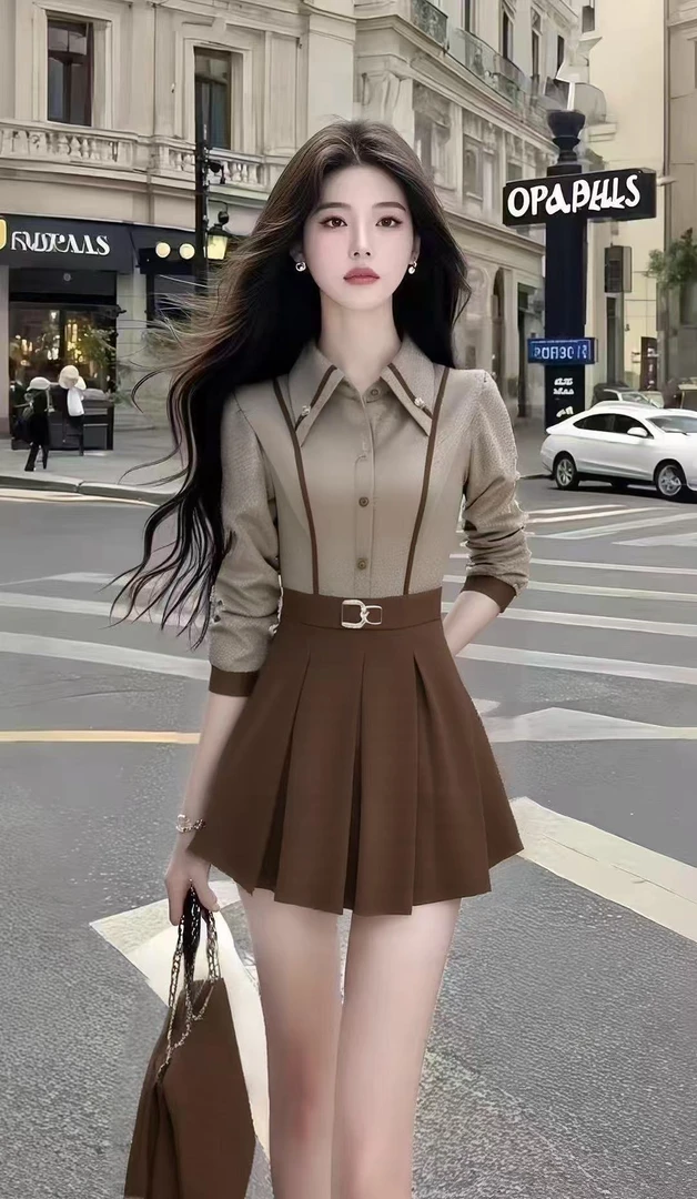 休闲通勤风气质穿搭卡其色长袖衬衫修身上衣+咖色高腰半身裙套装