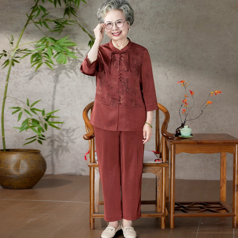 奶奶夏季衬衫套装中老年人妈妈夏装七分袖宽松衬衣国风两件套婆婆