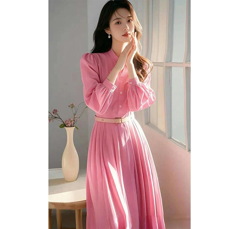 25春秋法式百褶长裙女显白粉色衬衫连衣裙高腰设计感显瘦气质裙子