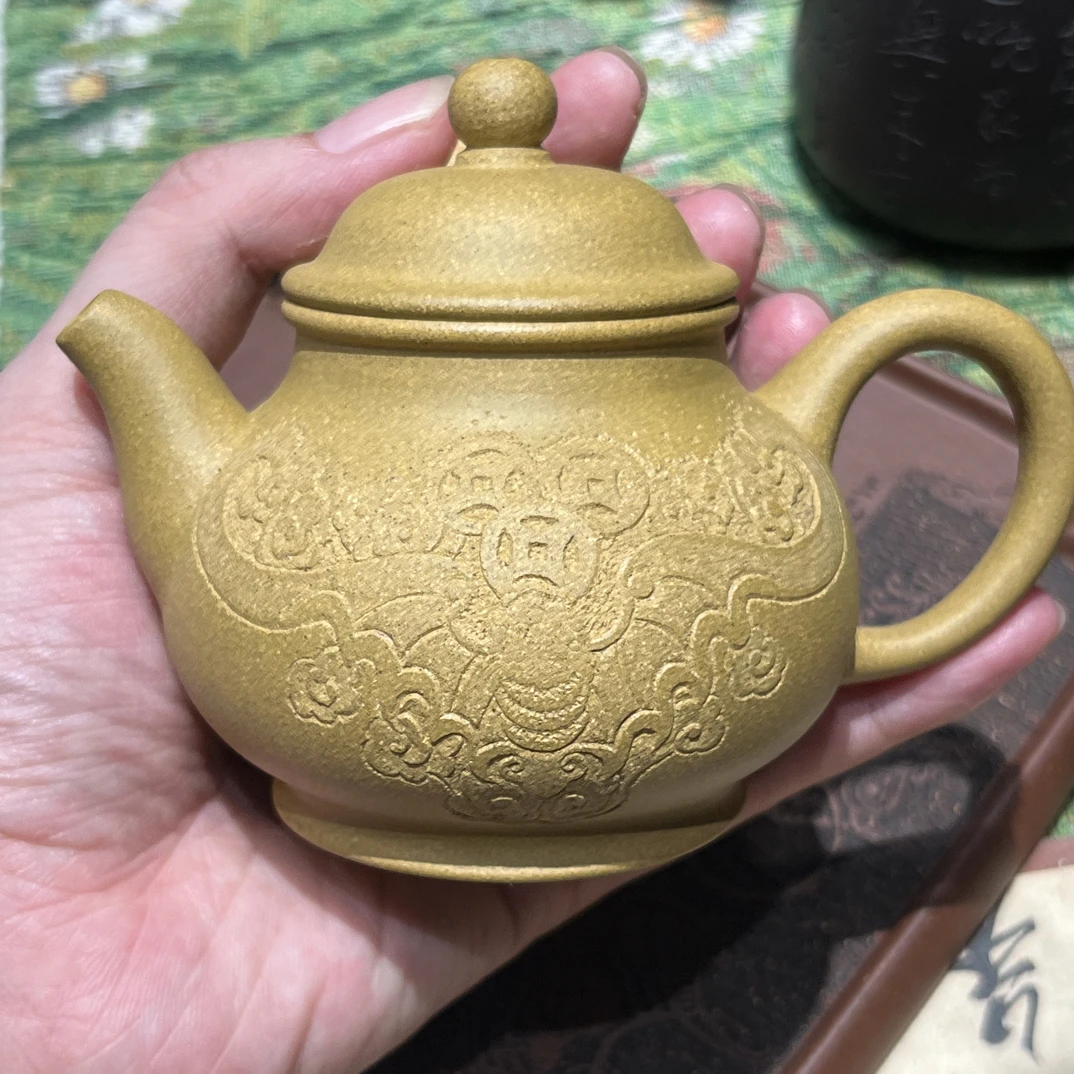 黄金段泥潘壶150cc半手工石古堂刻绘结缘福在眼前