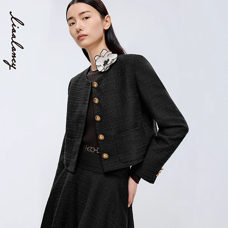 LANCY/朗姿2025年春新款时尚高级法式小香风黑色气质圆领短外套女