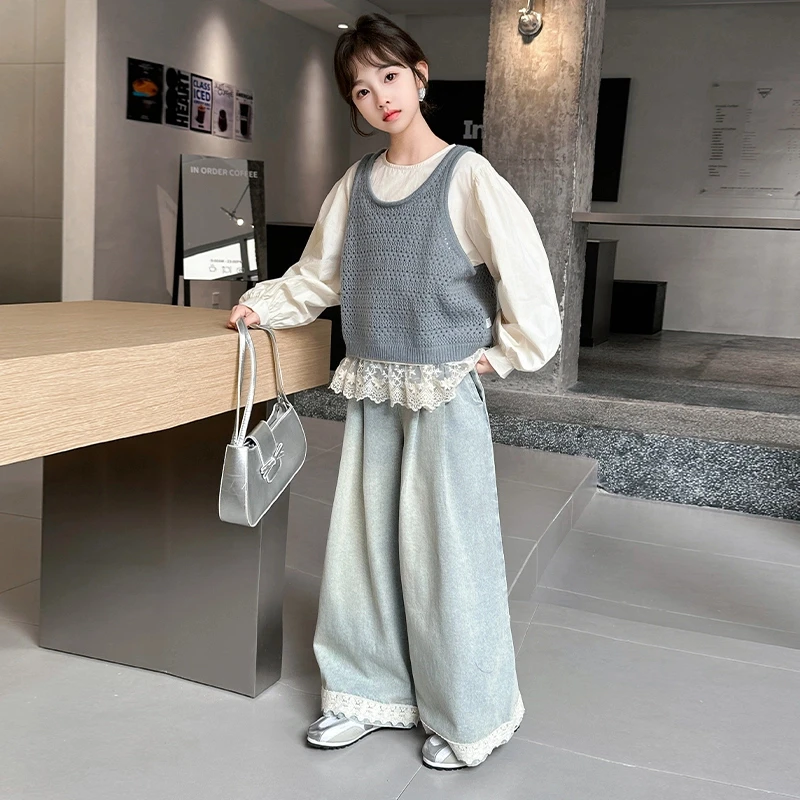 女童2025新款春秋装大童炸街蕾丝上衣牛仔阔腿裤儿童韩系穿搭套装