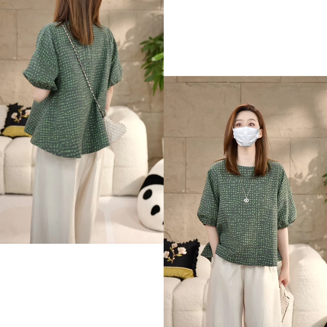 Miss.Z【肌理感绿格撞色】圆领泡泡袖上衣夏季宽松百搭气质#c8101