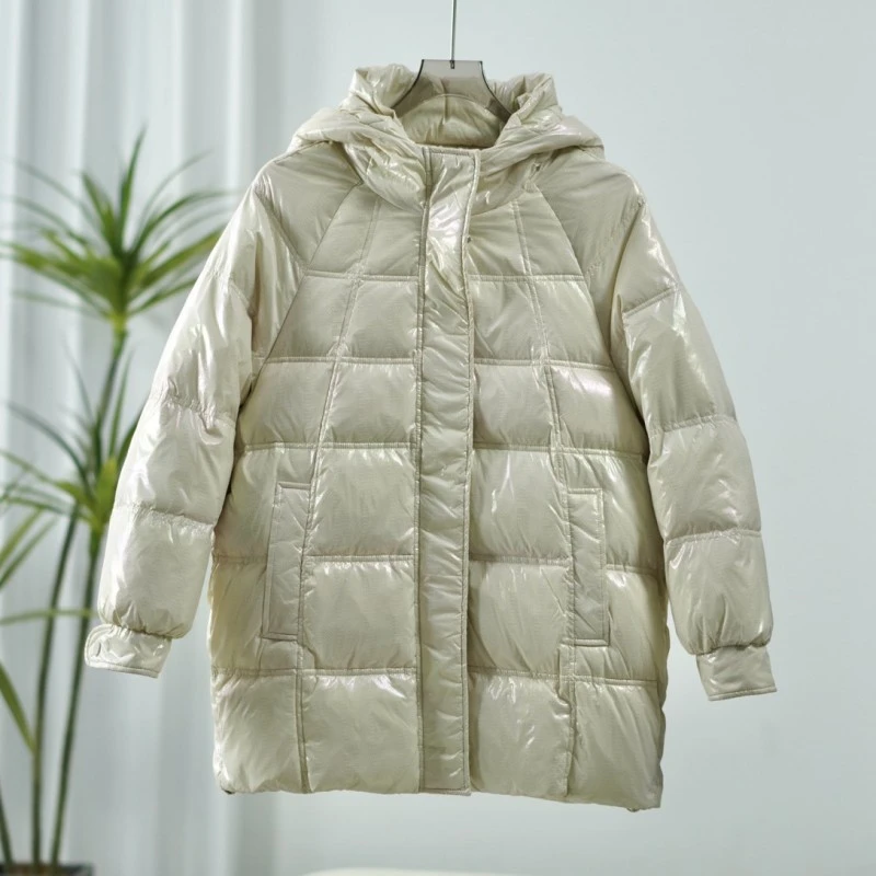 【诗M】Z144 秋冬时尚连帽中长款羽绒服米色 莉推荐