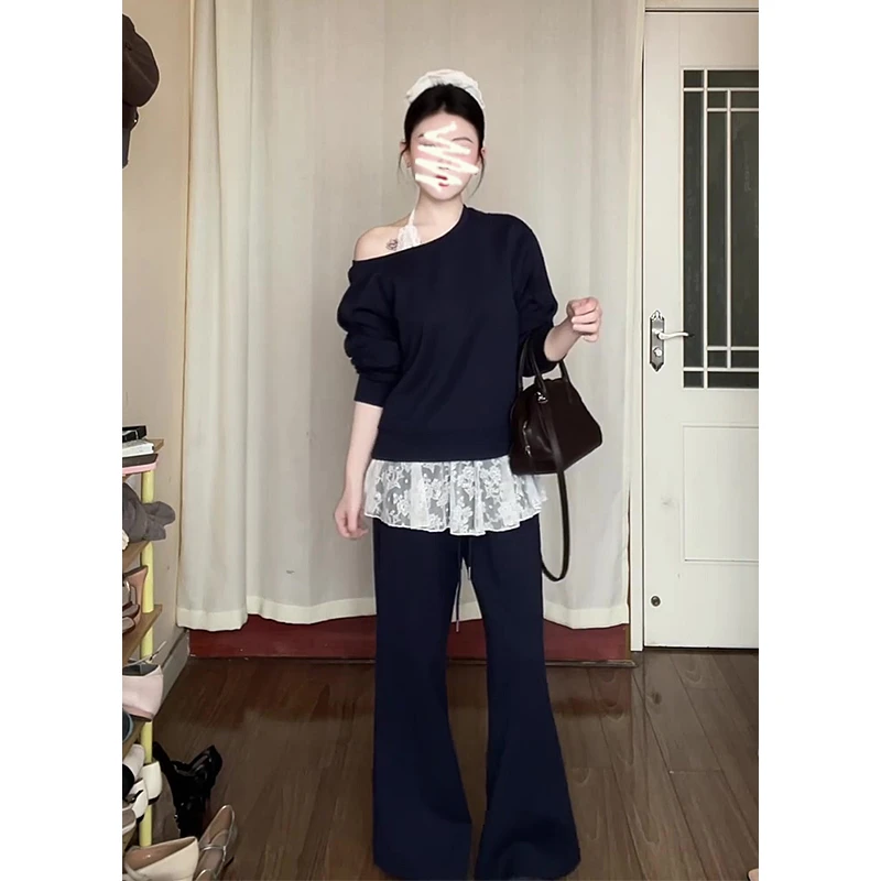 2025春季新款韩系穿搭宽松露肩上衣减龄挂脖蕾丝百搭高腰阔腿长裤