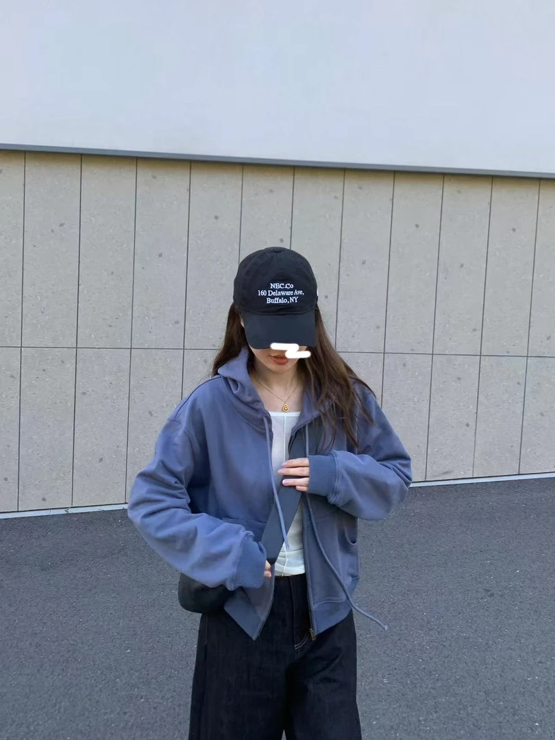 2025秋季新款韩版蓝色连帽修身卫衣外套百搭复古阔腿牛仔裤套装