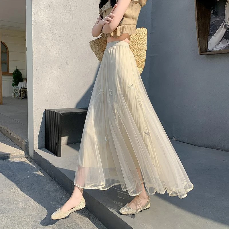 超仙网纱百褶半身裙女夏季高腰显瘦a字纱裙中长款垂坠感大摆伞裙