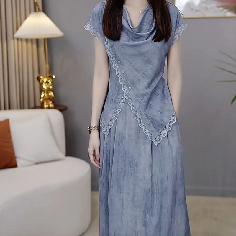 上衣+半身裙2025夏季新款时尚优雅蕾丝拼接修身显瘦女神范两件套